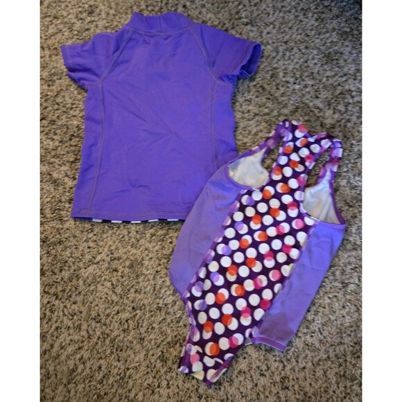 Lands End Swimsuit Matching Rash Guard Top 2pcs Girls Size 2T Purple Polka Dots - Picture 4 of 13